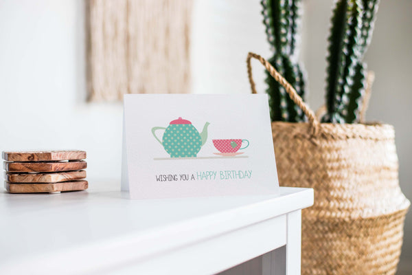 Tea Pot with Teacup Greeting Card by mumandmehandmadedesigns- An Australian Online Stationery and Card Shop