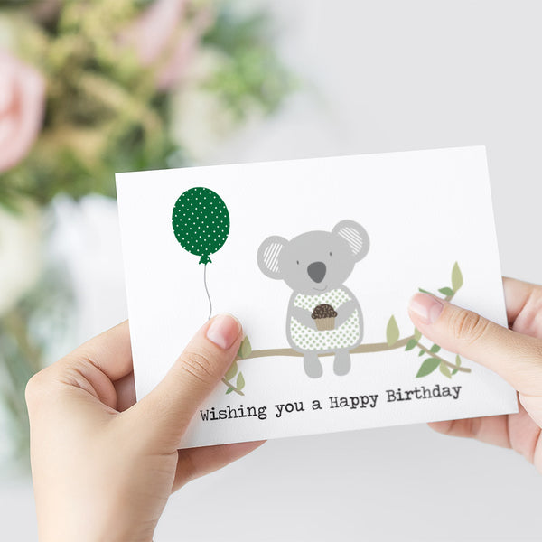 Koala with Balloon Greeting Card by mumandmehandmadedesigns- An Australian Online Stationery and Card Shop