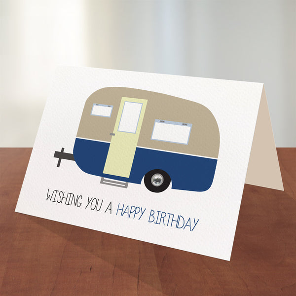 Blue Caravan Camper Greeting Card by mumandmehandmadedesigns- An Australian Online Stationery and Card Shop