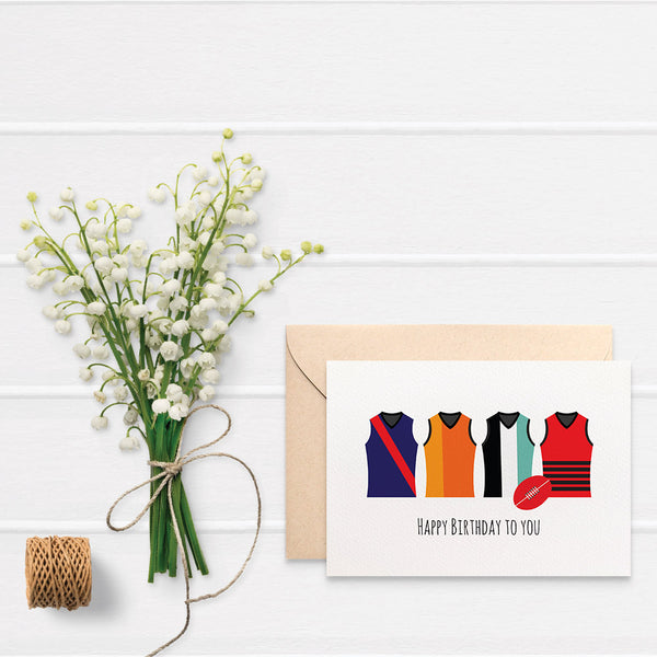 AFL Footy Jerseys Greeting Card by mumandmehandmadedesigns- An Australian Online Stationery and Card Shop