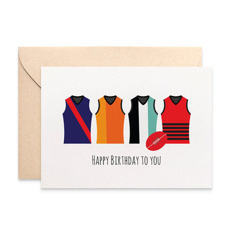 AFL Footy Jerseys Greeting Card by mumandmehandmadedesigns- An Australian Online Stationery and Card Shop