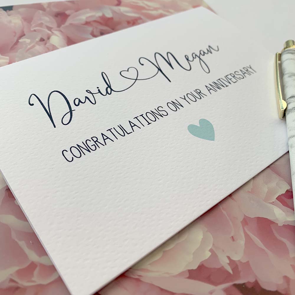 Personalised - Anniversary Names with Heart Greeting Card by mumandmehandmadedesigns- An Australian Online Stationery and Card Shop