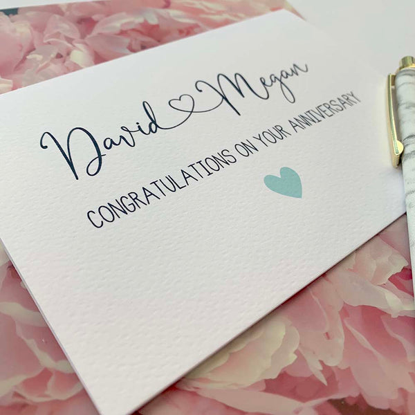 Personalised - Anniversary Names with Heart Greeting Card by mumandmehandmadedesigns- An Australian Online Stationery and Card Shop