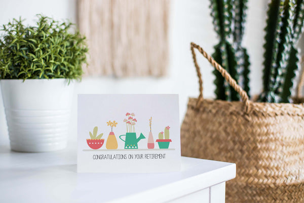 Retirement - Pot Plants Greeting Card by mumandmehandmadedesigns- An Australian Online Stationery and Card Shop