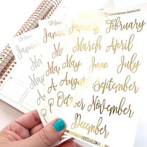 Foiled - Script Monthly Headers-Planner Stickers by Mum and Me Handmade Designs - An Australian Online Stationery, Planner Stickers and Card Shop