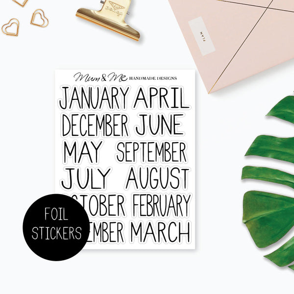 Foiled - Skinny Monthly Headers-Planner Stickers by Mum and Me Handmade Designs - An Australian Online Stationery, Planner Stickers and Card Shop