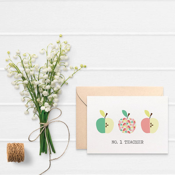 Teacher Pink Green Apples Greeting Card by mumandmehandmadedesigns- An Australian Online Stationery and Card Shop