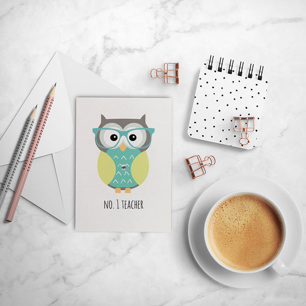 No. 1 Teacher - Owl Greeting Card by mumandmehandmadedesigns- An Australian Online Stationery and Card Shop