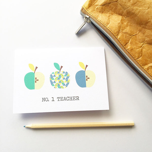 Teacher Blue Green Apples Greeting Card by mumandmehandmadedesigns- An Australian Online Stationery and Card Shop