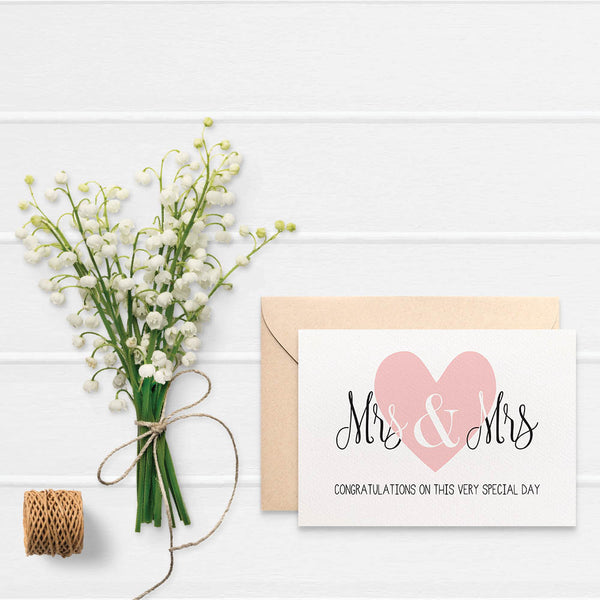 Mrs & Mrs Lrg Blush Heart Greeting Card by mumandmehandmadedesigns- An Australian Online Stationery and Card Shop