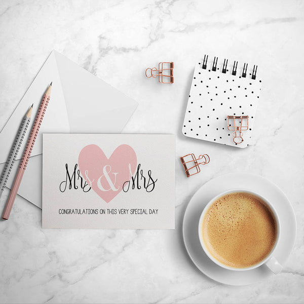 Mrs & Mrs Lrg Blush Heart Greeting Card by mumandmehandmadedesigns- An Australian Online Stationery and Card Shop