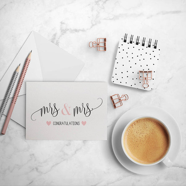 Mrs & Mrs Blush Hearts Greeting Card by mumandmehandmadedesigns- An Australian Online Stationery and Card Shop