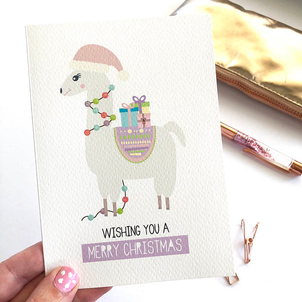 Llama with Christmas Lights Greeting Card by mumandmehandmadedesigns- An Australian Online Stationery and Card Shop