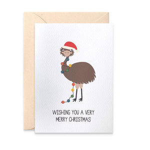 Emu with Christmas Lights Greeting Card by mumandmehandmadedesigns- An Australian Online Stationery and Card Shop