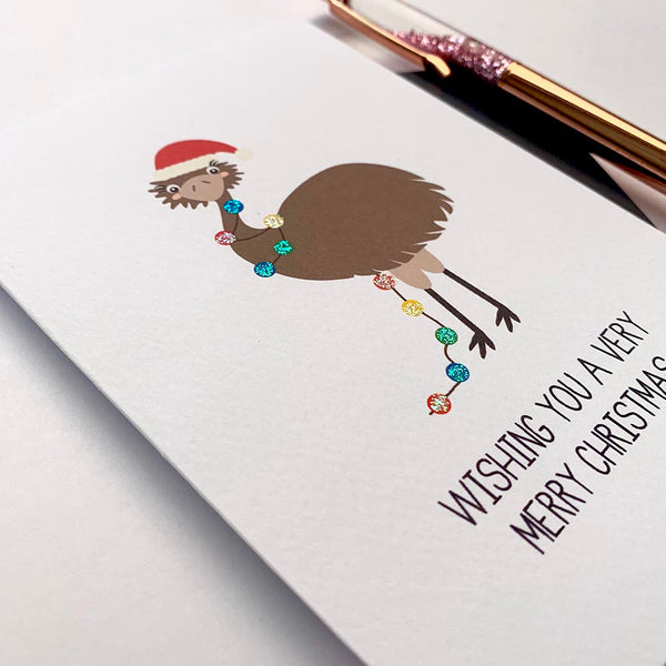 Emu with Christmas Lights Greeting Card by mumandmehandmadedesigns- An Australian Online Stationery and Card Shop