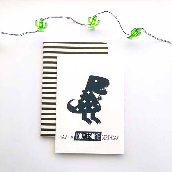 Monochrome Dinosaur Greeting Card by mumandmehandmadedesigns- An Australian Online Stationery and Card Shop