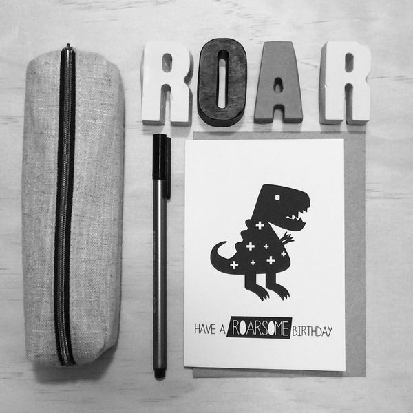 Monochrome Dinosaur Greeting Card by mumandmehandmadedesigns- An Australian Online Stationery and Card Shop